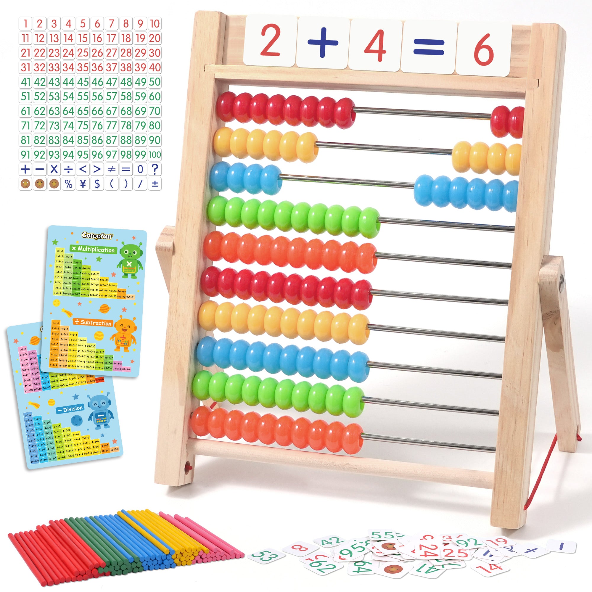 Wooden Abacus for Kids Math, Counting Toys for Toddlers Montessori Counters Beads Tools Preschool Homeschool Essentials with Sticks and Number Alphabet Cards