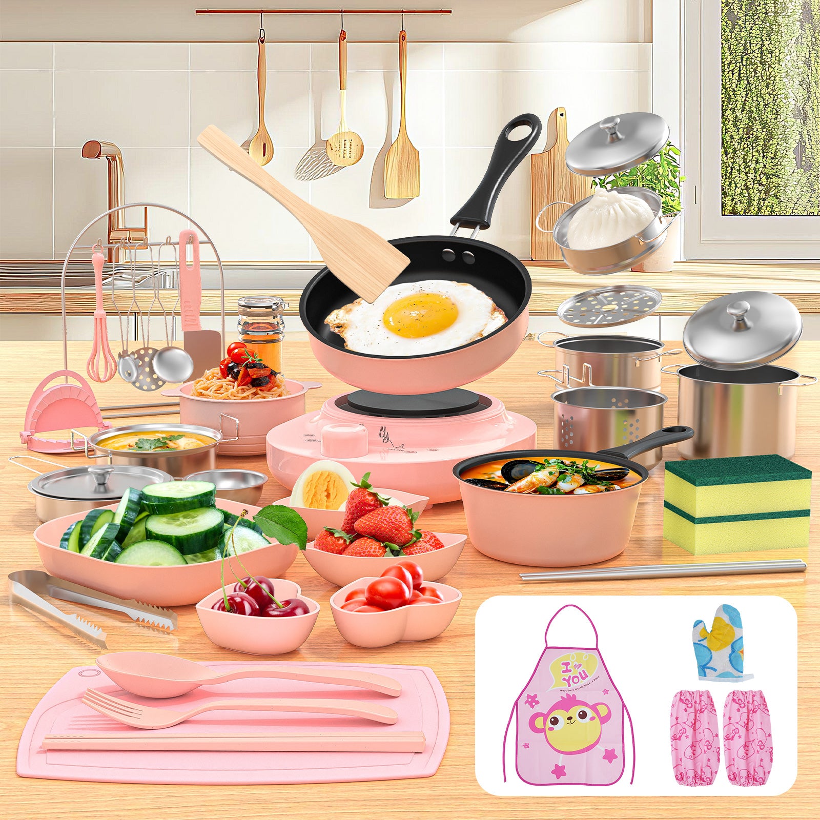 Kid Cooking Sets Real Mini Kitchen, Food Making for Beginner Children 8 9 10 11 12 Boys Girls Cooking Educational Toys, Junior Easy Safe MontessoriTools Dishes Knife Set-Pink