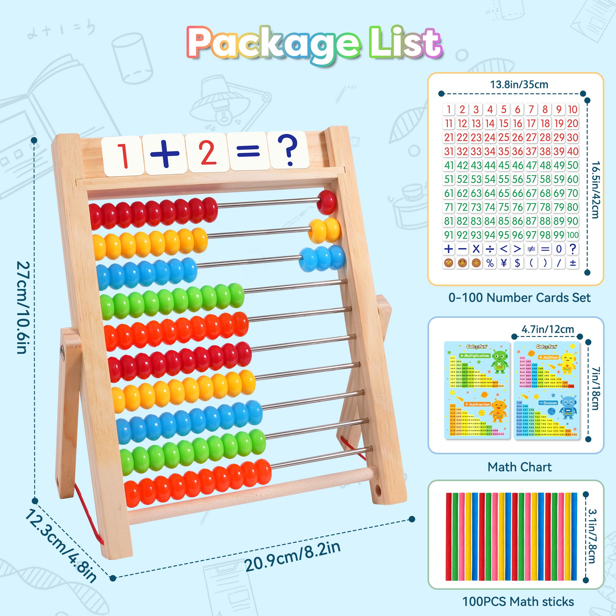 Wooden Abacus for Kids Math, Counting Toys for Toddlers Montessori Counters Beads Tools Preschool Homeschool Essentials with Sticks and Number Alphabet Cards