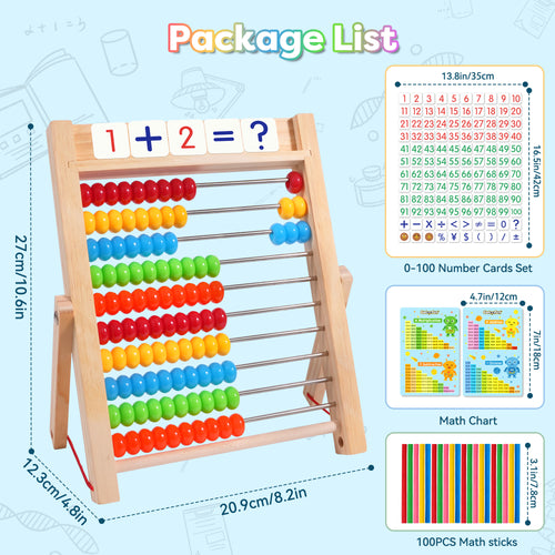 Wooden Abacus for Kids Math, Counting Toys for Toddlers Montessori Counters Beads Tools Preschool Homeschool Essentials with Sticks and Number Alphabet Cards