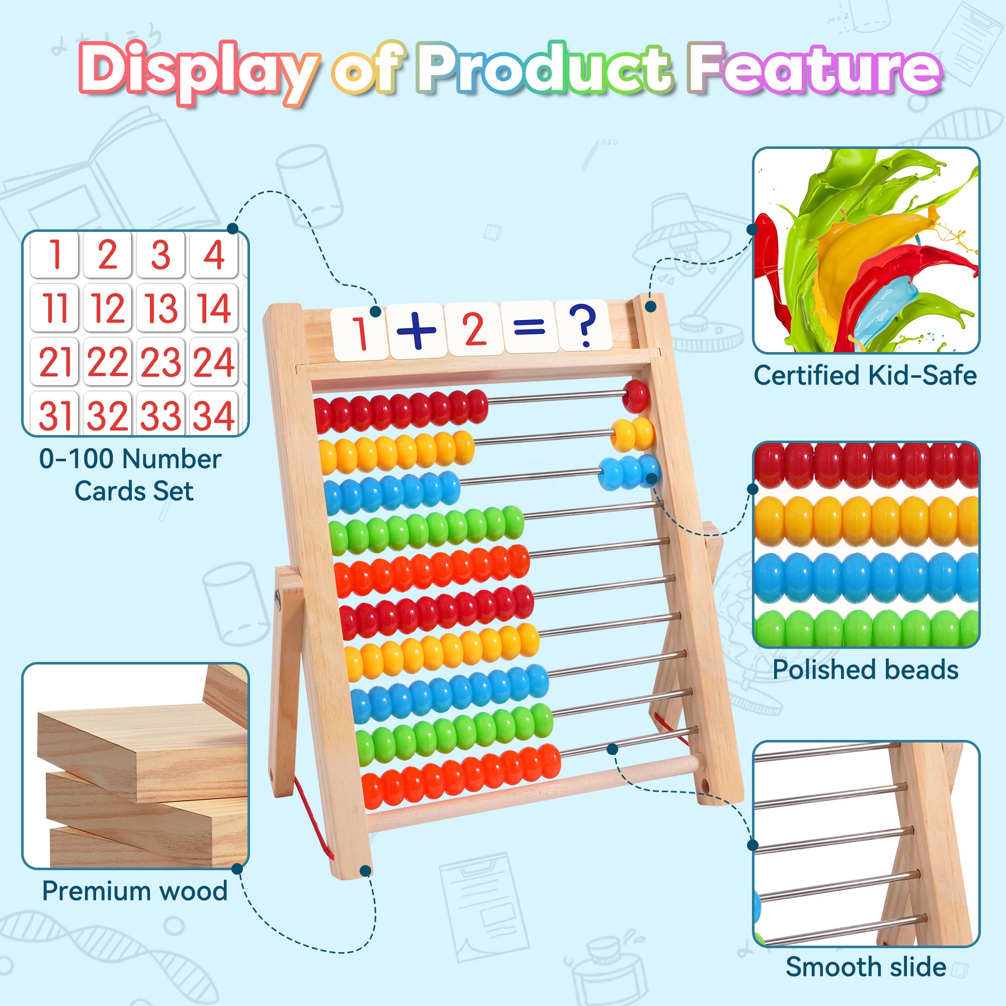 Wooden Abacus for Kids Math, Counting Toys for Toddlers Montessori Counters Beads Tools Preschool Homeschool Essentials with Sticks and Number Alphabet Cards