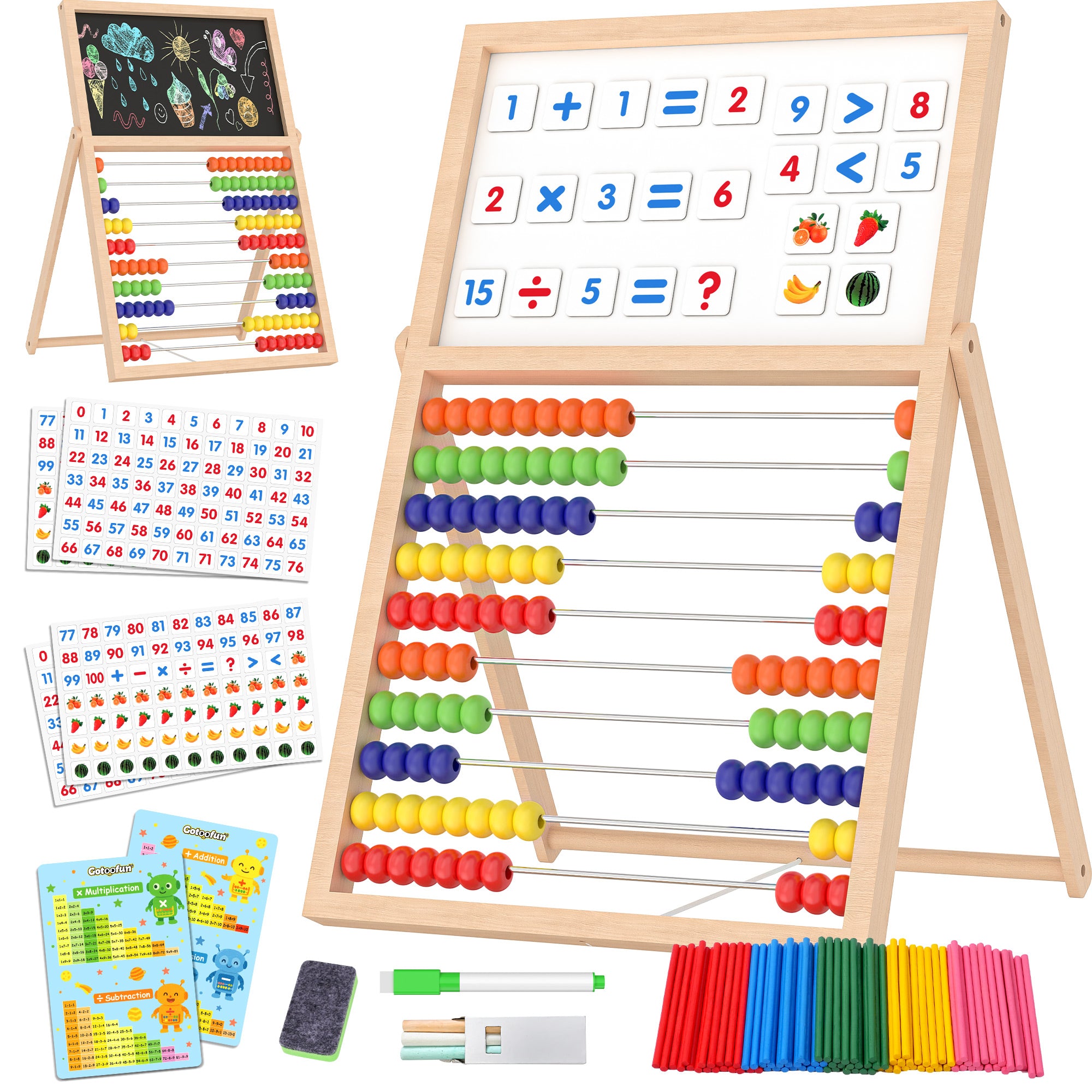 Wooden Abacus for Kids Math - Double-Sided Blackboard Whiteboard for Toddlers with 308 Magnetic Number & Fruit Cards, 100 Counting Sticks Montessori Educational Toys Homeschool Essentials