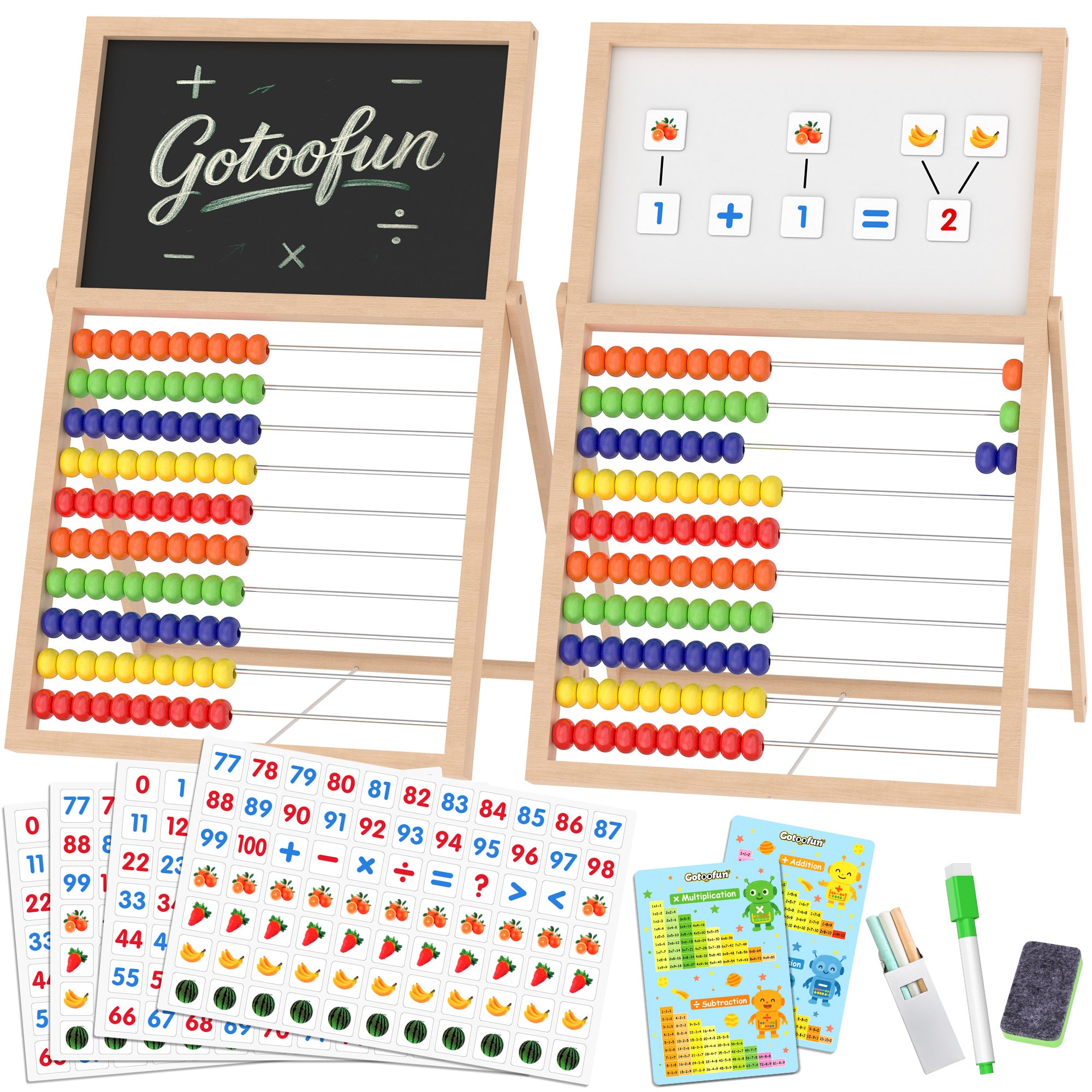 Wooden Abacus for Kids Math - Double-Sided Blackboard Whiteboard for Toddlers with 308 Magnetic Number & Fruit Cards, 100 Counting Sticks Montessori Educational Toys Homeschool Essentials