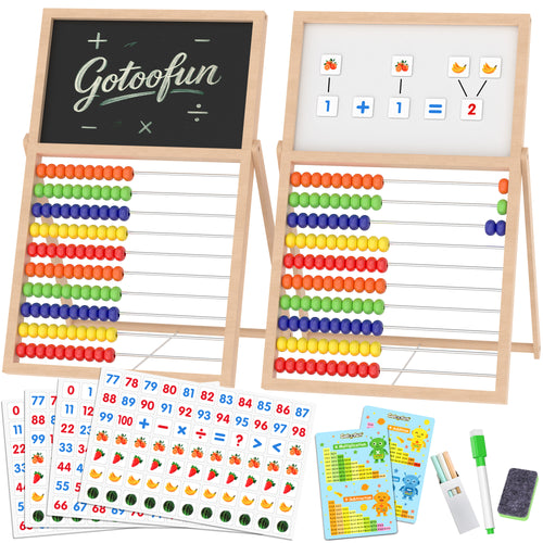 Wooden Abacus for Kids Math - Double-Sided Blackboard Whiteboard for Toddlers with 308 Magnetic Number & Fruit Cards, 100 Counting Sticks Montessori Educational Toys Homeschool Essentials