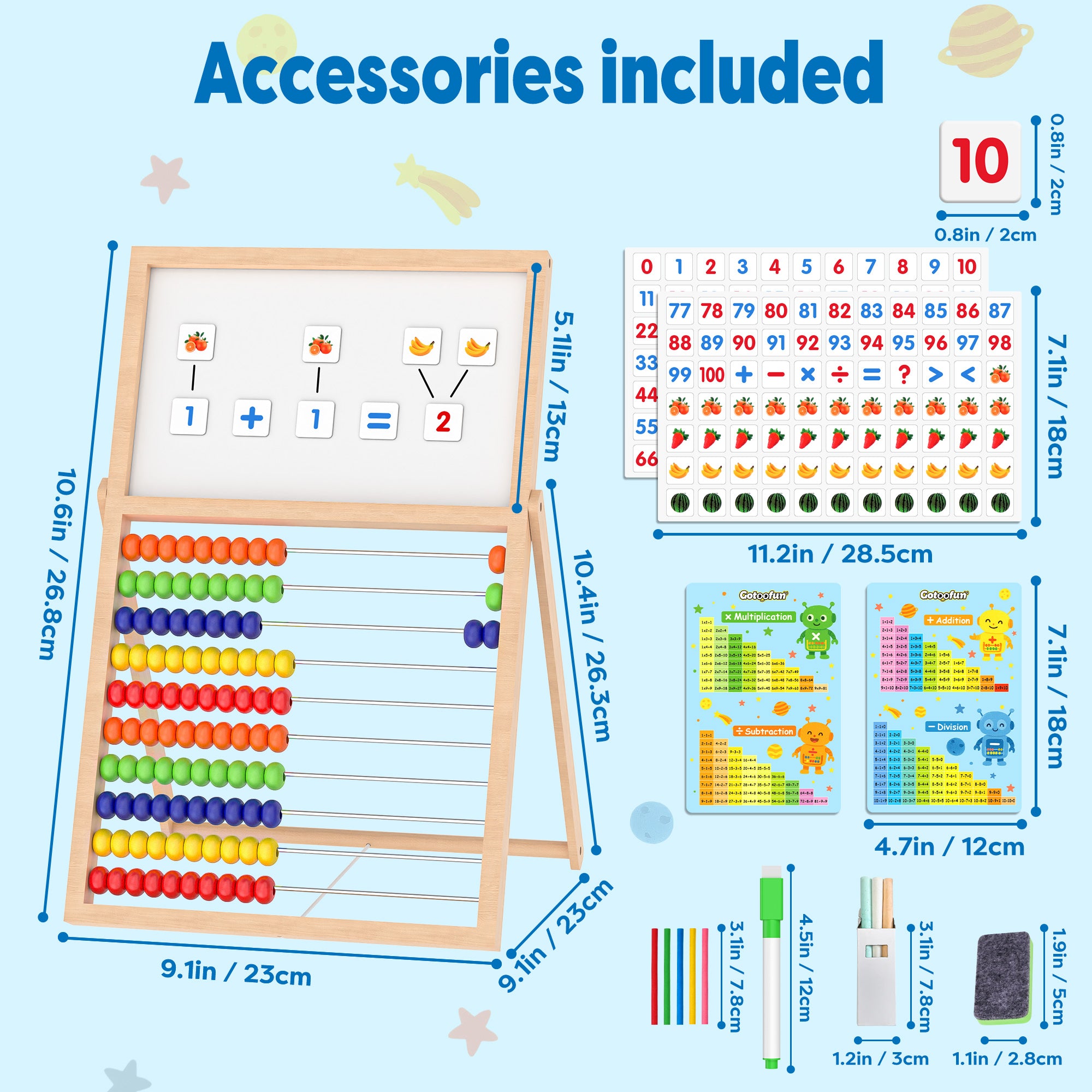Wooden Abacus for Kids Math - Double-Sided Blackboard Whiteboard for Toddlers with 308 Magnetic Number & Fruit Cards, 100 Counting Sticks Montessori Educational Toys Homeschool Essentials