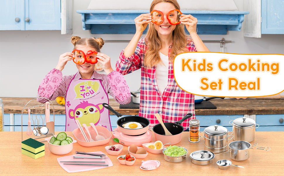 Kid Cooking Sets Real Mini Kitchen, Food Making for Beginner Children 8 9 10 11 12 Boys Girls Cooking Educational Toys, Junior Easy Safe MontessoriTools Dishes Knife Set-Pink